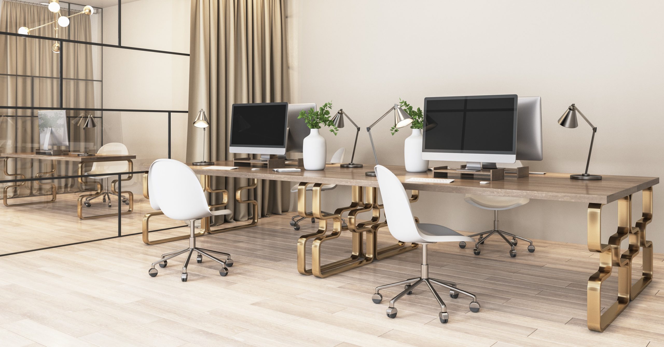 Stylish,Office,With,Wooden,Tables,With,Bronze,Legs,,White,Chairs