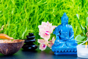 Zen garden background with Medicine Buddha, orchid flower and zen stones